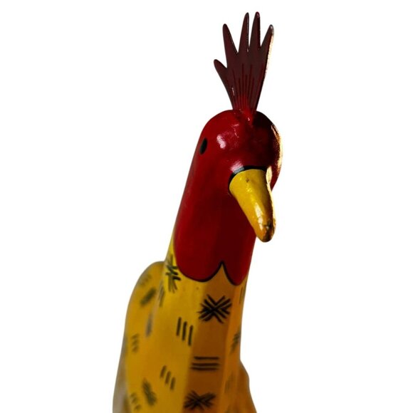 Handcrafted Wooden Yellow Decorative Rooster With Raffia Tail & Black Base Stand - Picture 8 of 10